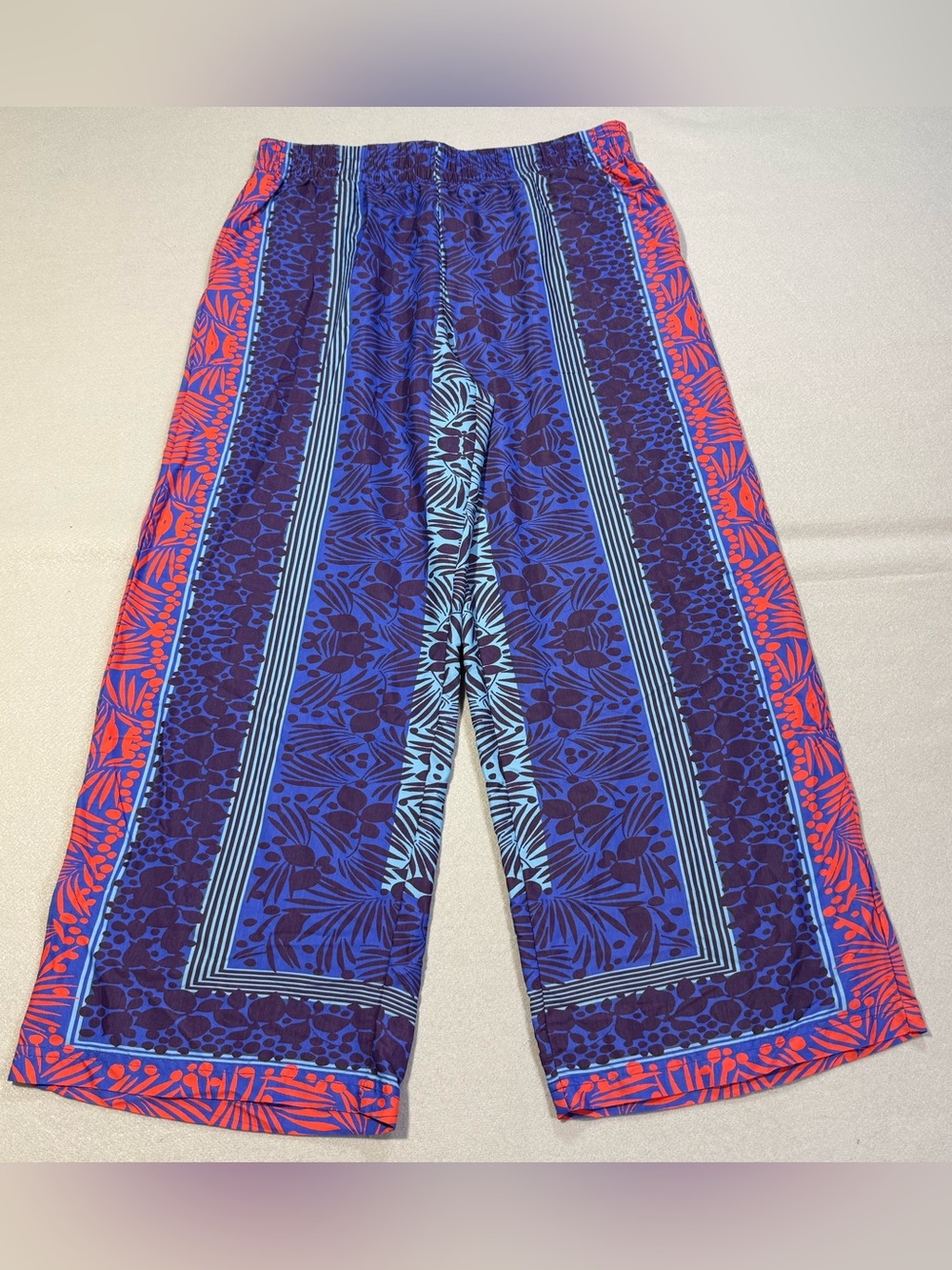 Soft Surroundings Wide Leg Crop Pants Blue Orange Tropical Print Pull-On Size L